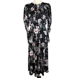 AFRM Womens Maxi Flare Dress M Medium Black Floral Balloon Long Sleeve Open Back